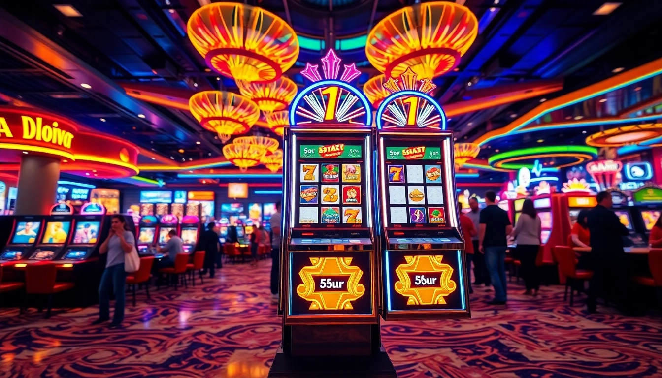 Mesin slot yang menarik dengan lampu neon di kasino, menciptakan suasana bermain yang seru.