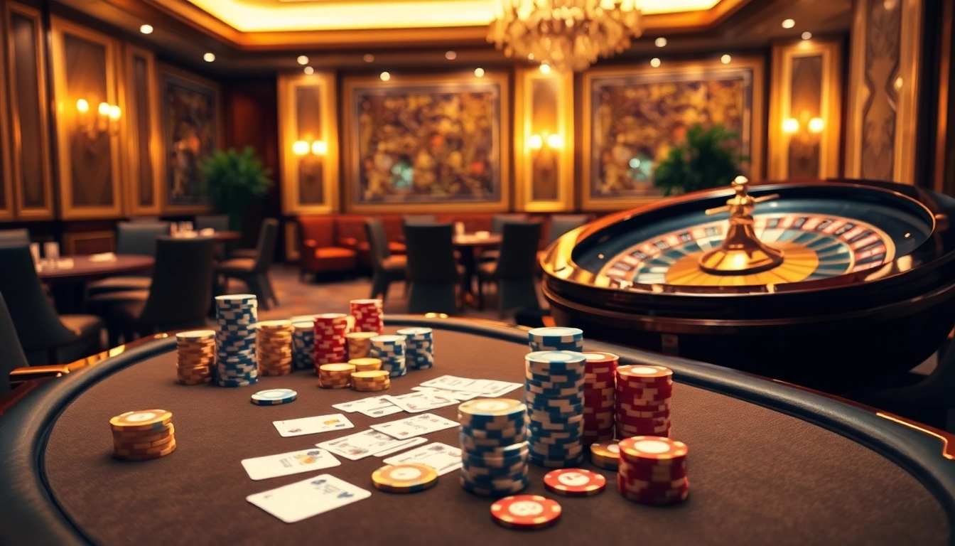 Players enjoying a thrilling night at kaisar 888 in a luxurious casino setting with poker chips and roulette wheel.