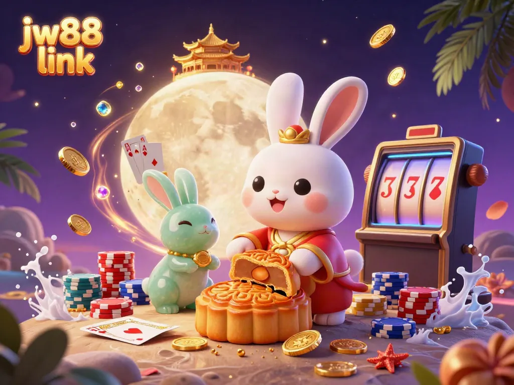Experience the excitement of gaming with jw88 link, featuring moon rabbit and poker chips in a vibrant casino scene.