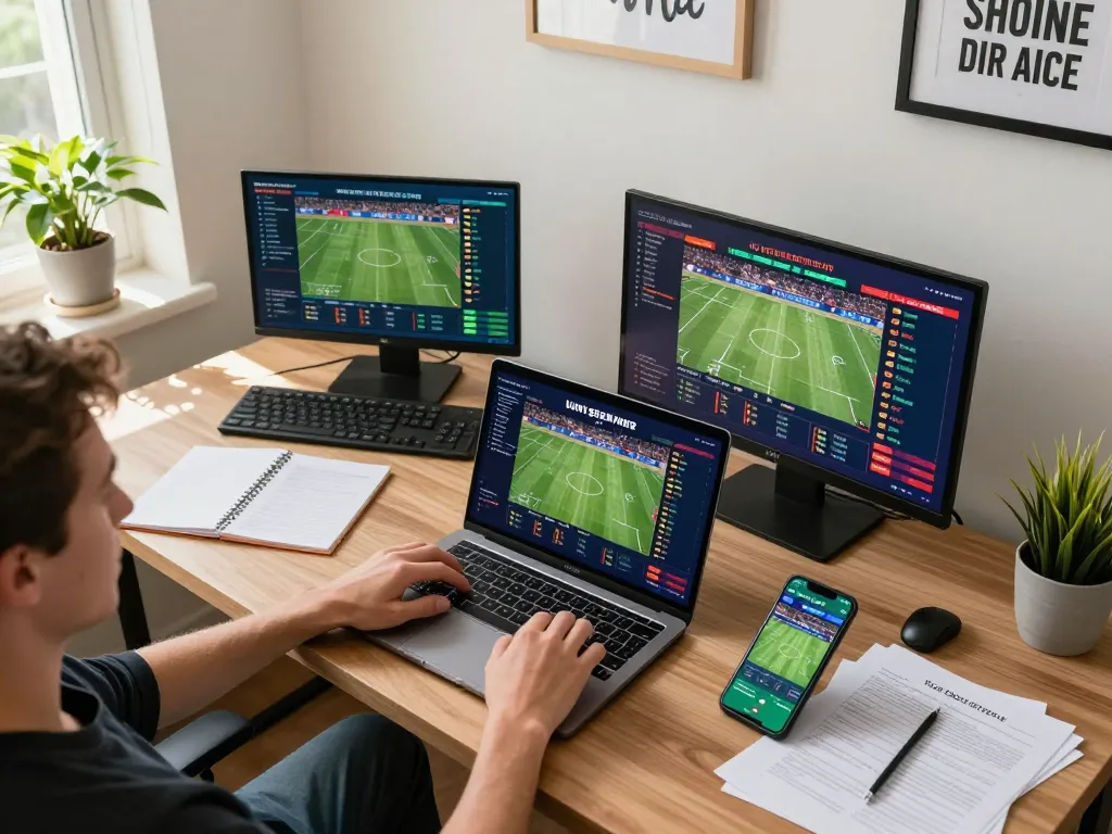 WWBOLA player strategizing sports bets in a modern home office setup, laptop and smartphone displaying exciting betting options.
