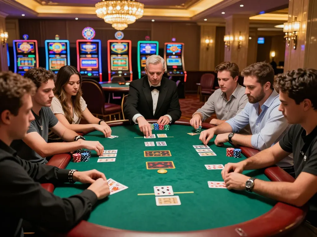 UGDEWA players engaging in high-stakes poker game at a luxurious casino table, showcasing competitive spirit.