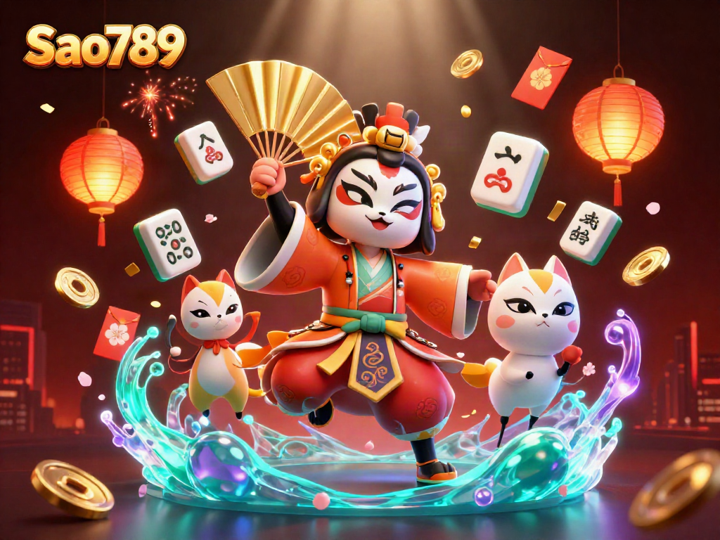 A vibrant Sao789 scene with a kabuki warrior and kitsune mask amidst floating gaming elements.