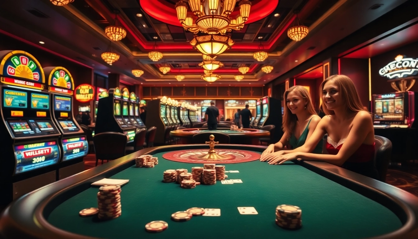 Cảnh casino KO66 với những máy slot sinh động và bàn poker phong cách featuring người chơi nhiệt tình.