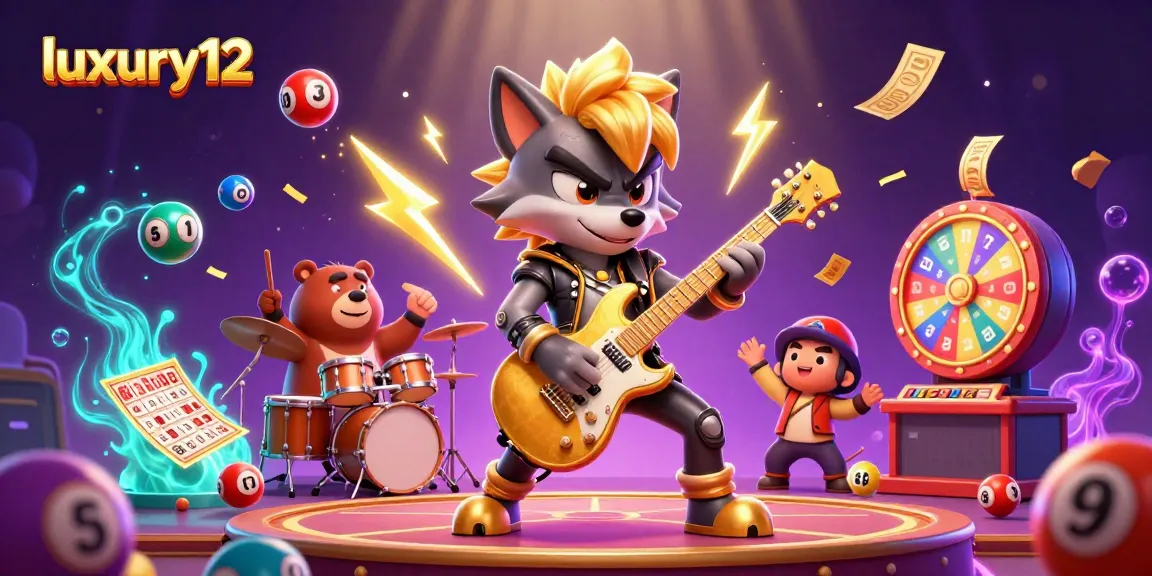 Experience the excitement of luxury12 with a vibrant casino scene featuring a rock star wolf and a drummer bear.