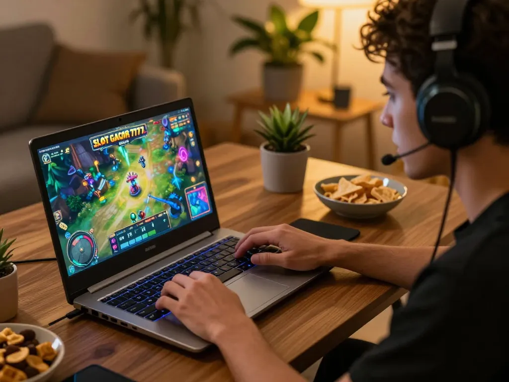 Engaging in SLOT GACOR 777 online game with focused player in cozy home environment