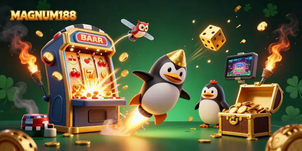Experience the thrill of MAGNUM188 with a vibrant 3D illustration of a golden penguin reaching for luck!