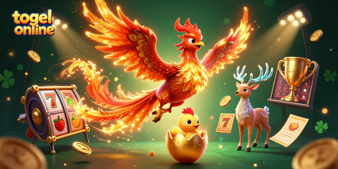Menggunakan metode togel online yang menarik dan penuh simbol keberuntungan dalam ilustrasi kasino dengan phoenix berapi-api.