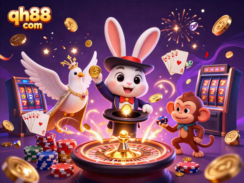 Experience exciting games at qh88 com with a dynamic scene of casino elements and playful characters.