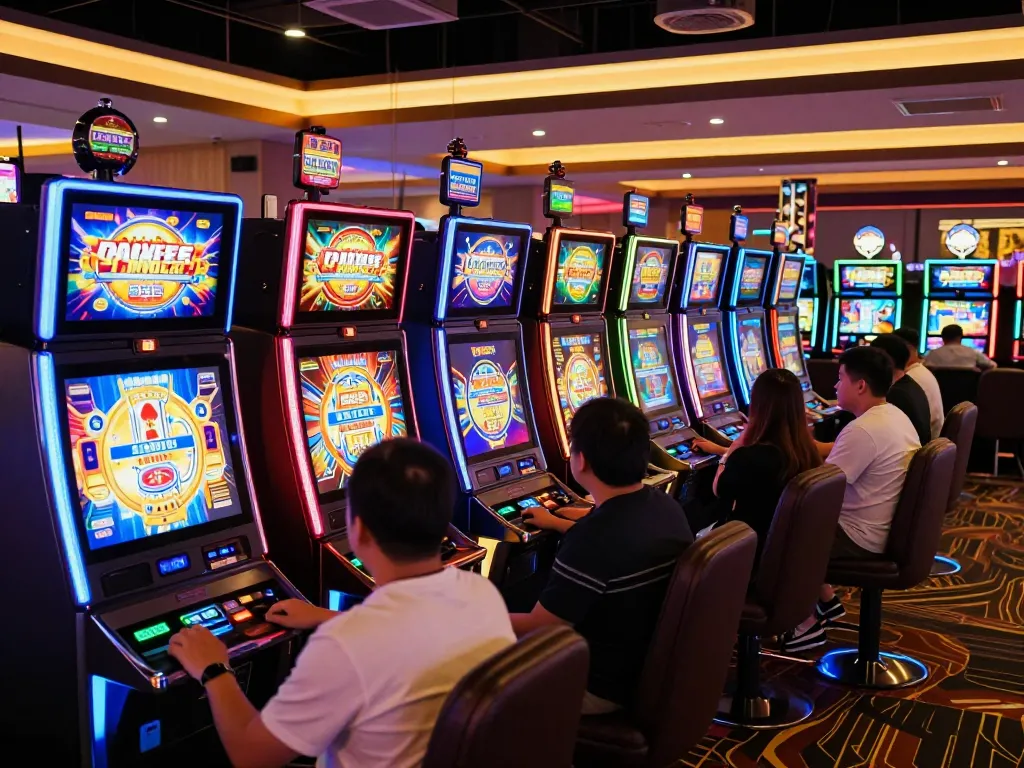 Engaged players enjoying colorful slot machines at LGOSUPER casino, showcasing vibrant gaming excitement.