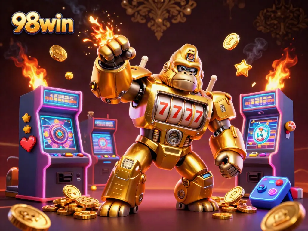 Experience the thrill of 98win with a golden mech rewarding explosive wins in a 3D casino landscape.