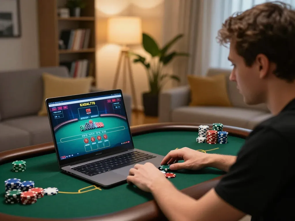 KADAL778 player actively engaged in online poker game on laptop, showcasing strategic gameplay in a cozy living room.