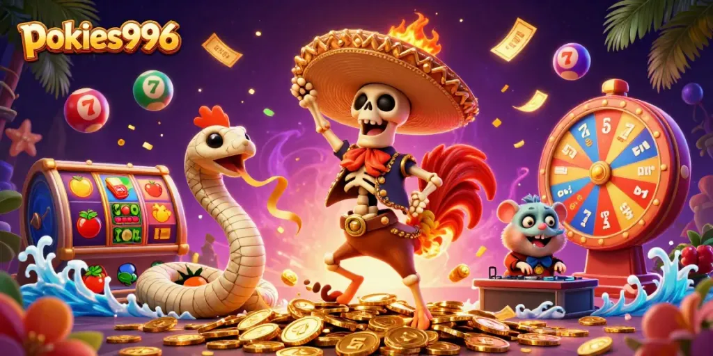 Spin and win with pokies996 in an exciting casino illustration featuring vibrant game elements and characters.