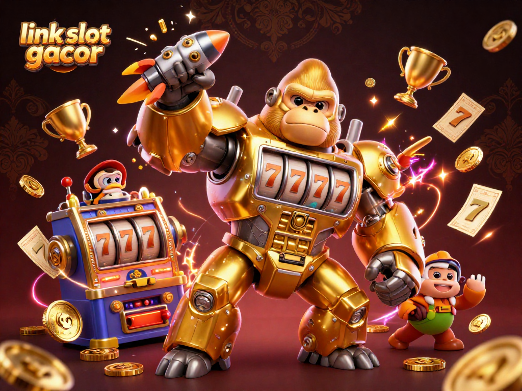 Win big with link slot gacor in an action-packed 3D casino illustration featuring dynamic elements.