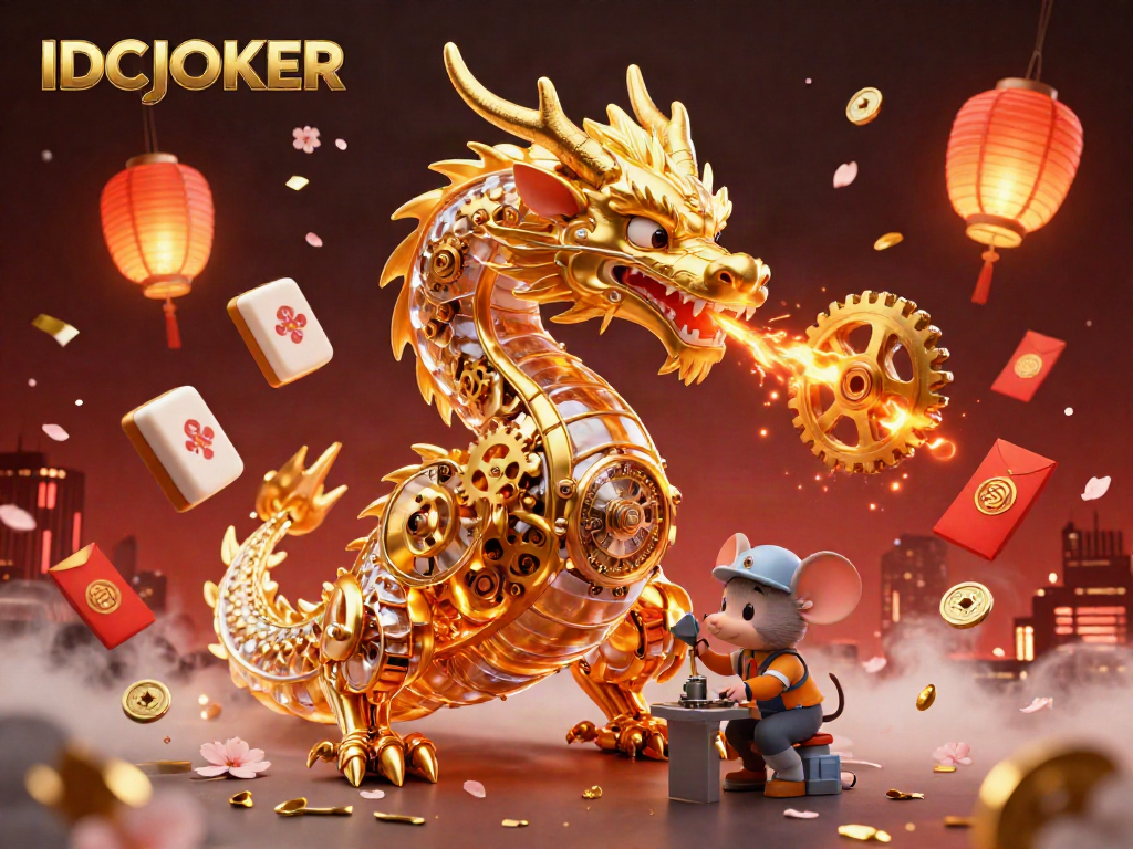 Engage in interactive casino fun with IDCJOKER featuring a golden dragon amidst vibrant game elements.
