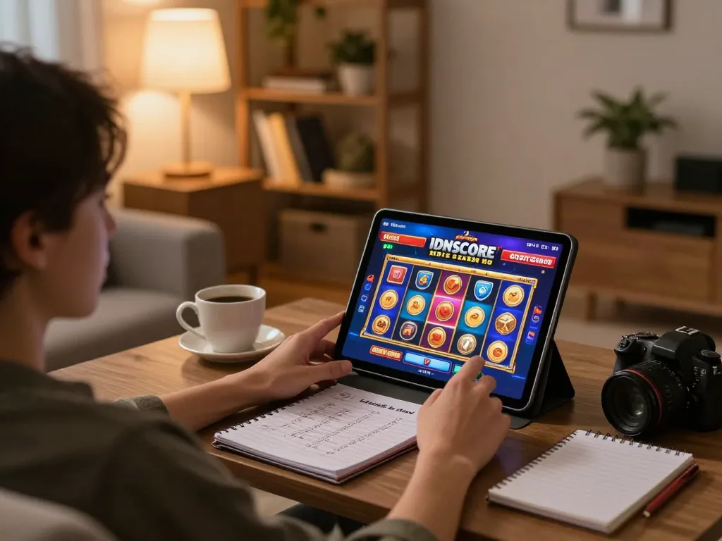 IDNSCORE engaging in online slot games with a cozy atmosphere, showcasing a strategic gaming setup