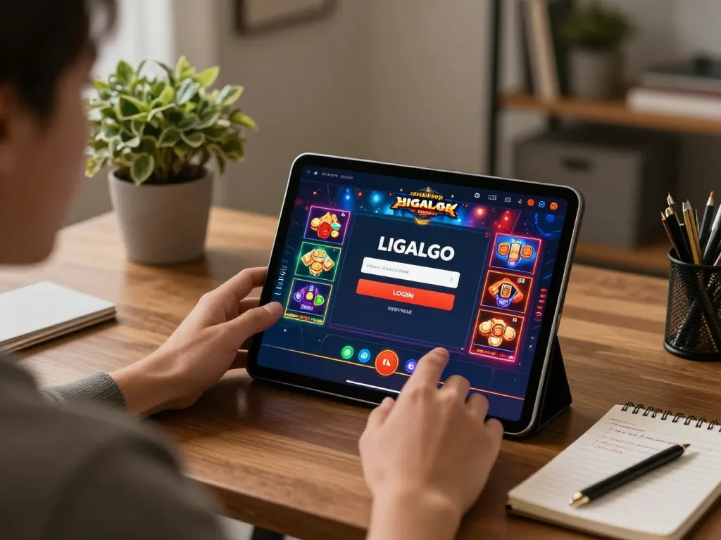 LIGALGO LOGIN on vibrant casino game interface, capturing a relaxed online gaming session at home with strategic notes