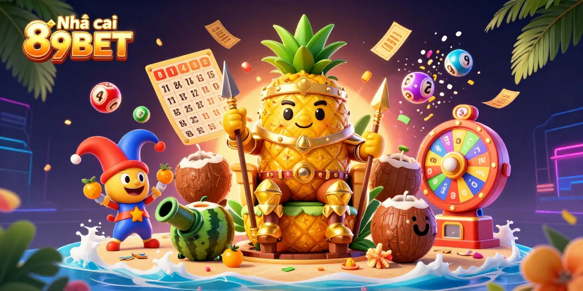 Experience the vibrant world of Nhà cái 89BET with an energetic casino scene featuring a golden pineapple king.