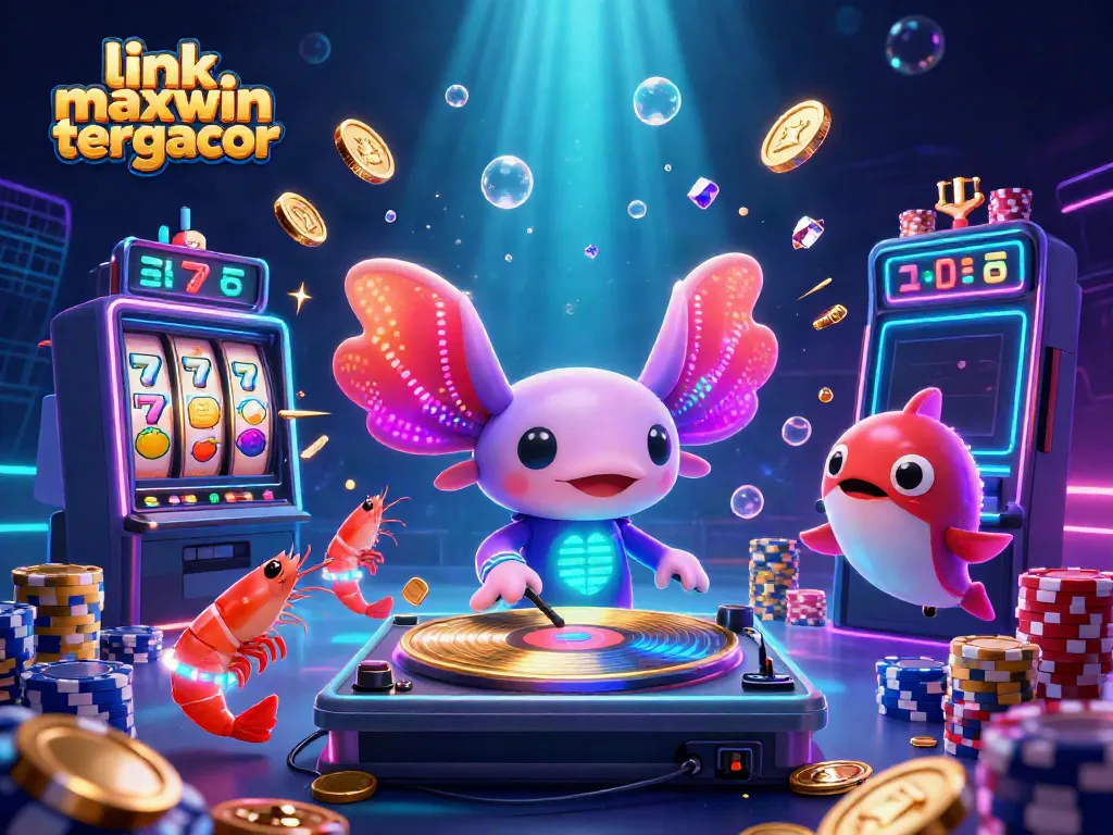 An engaging illustration of link maxwin tergacor showcasing a vibrant 3D axolotl DJ amidst dancing shrimp and gold coins, embodying a lively casino atmosphere.