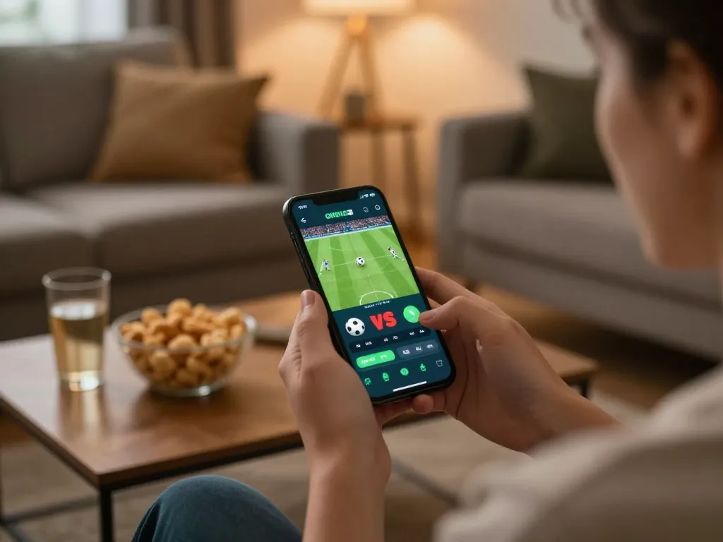 llwin user placing live bets on a smartphone during an exciting football match at home