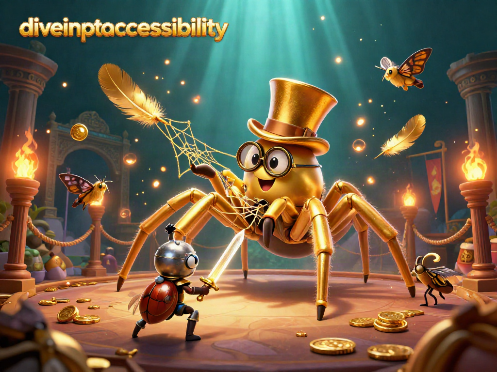 Diveintoaccessibility features a golden tarantula and beetle knight in a vibrant casino scene.