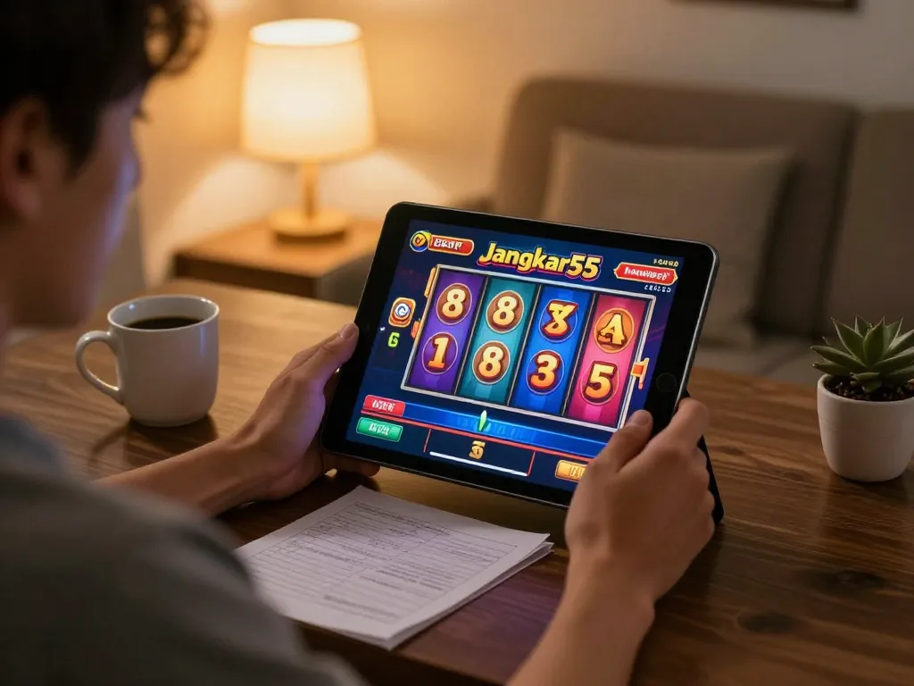 Player enjoys a winning streak on jangkar55 using a tablet in a cozy home setting