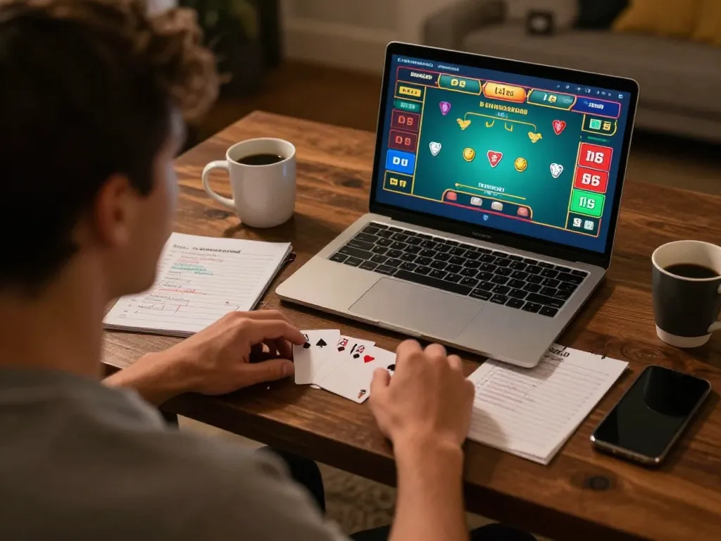 Player enjoying go8 online blackjack with vibrant interface and strategic notes in a warm home workspace