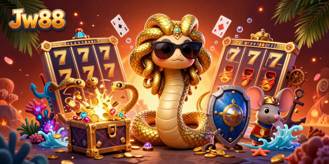 Engage in slots with Jw88 featuring a friendly Medusa and vibrant casino elements.