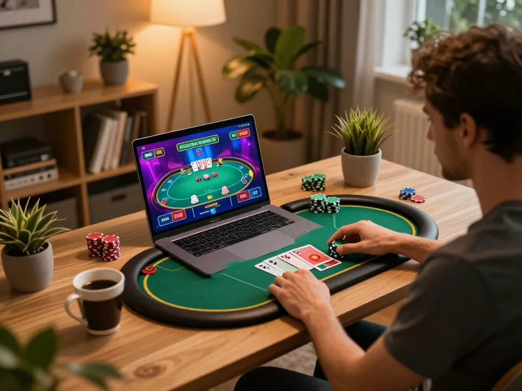 Player engaging with lucks8 online poker game on a cozy desk, enhancing strategic gameplay experience.