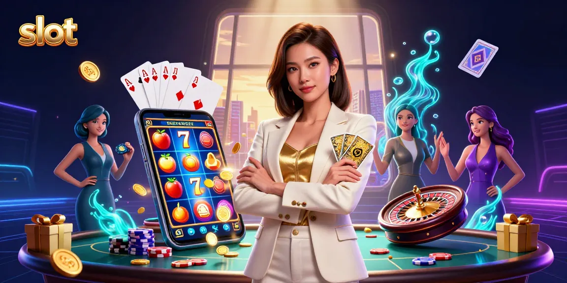Engage in thrilling slot action with a glamorous businesswoman amidst vibrant slot game elements.