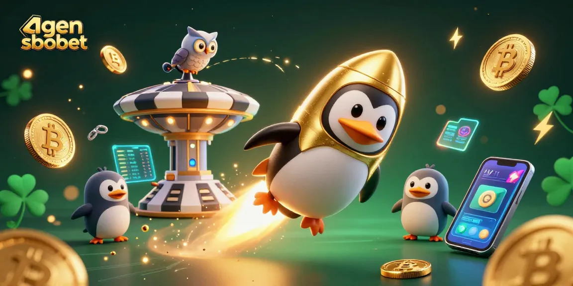 Bet with agen sbobet at the exciting casino space station, featuring a golden penguin and crypto elements.