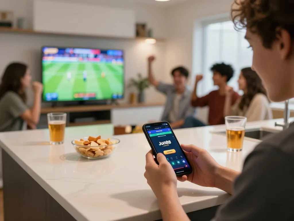 Engaged player using Jun88 mobile app for sports betting during a social gathering.