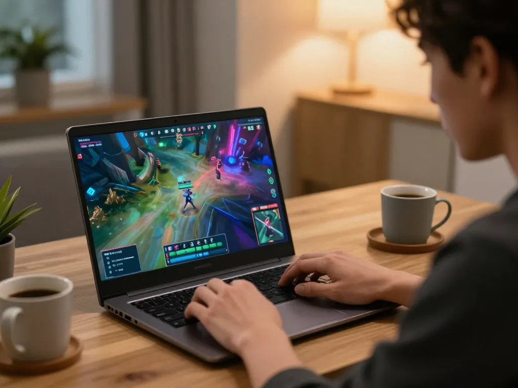 IDNSCORE player immersed in online tournament gameplay showcasing strategic moves and interactive design on laptop.