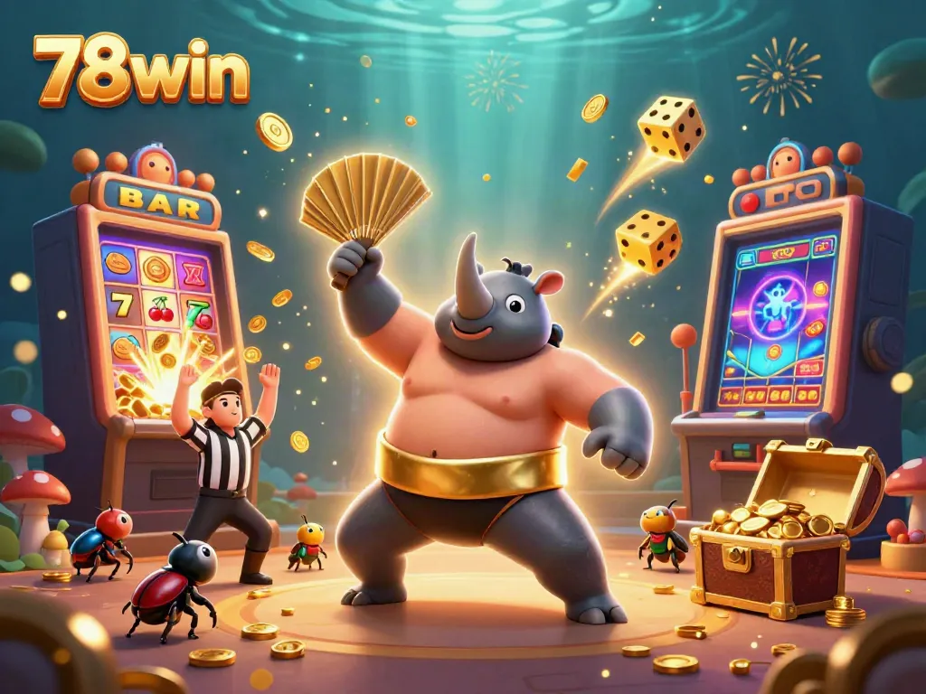 Experience thrilling casino action with 78win as a rhinoceros beetle champion and referee oversee a jackpot spectacle.