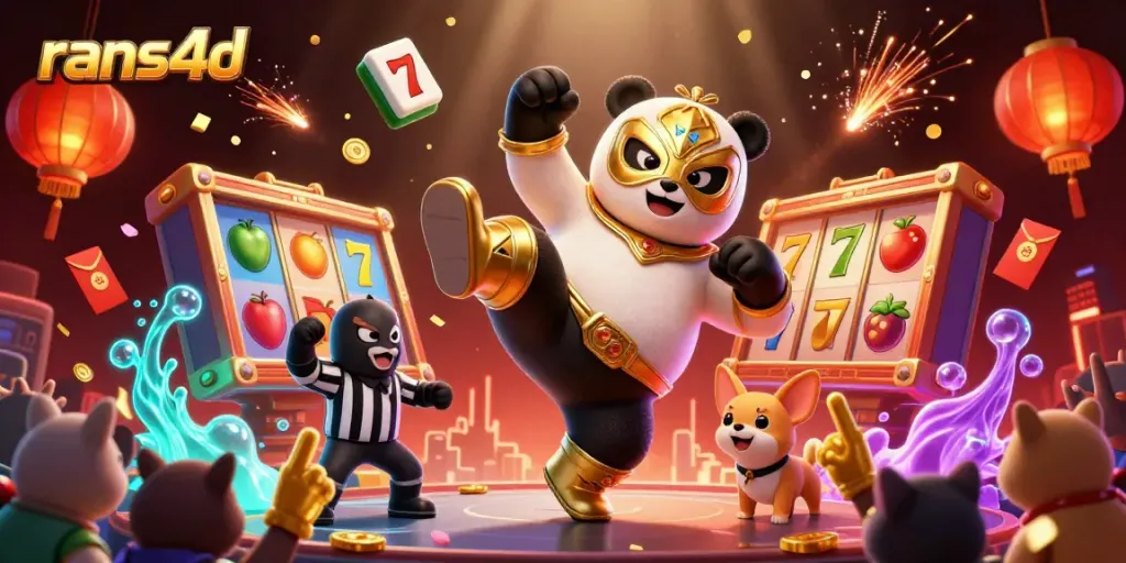 rans4d dengan panda pegulat terbang, meriah dengan koin dan simbol slot yang berkilau.