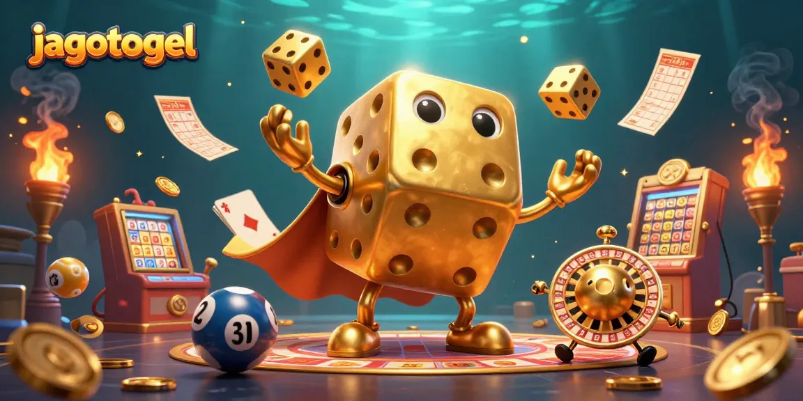 Menghadirkan jagotogel dalam ilustrasi 3D dengan dadu emas menjulang, kartu poker, dan bola lotere.