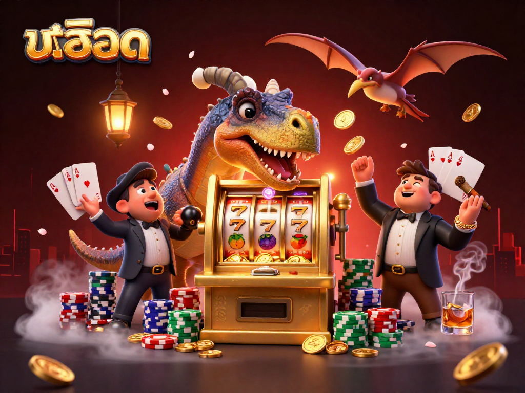 Headbutting a golden slot machine, a pachycephalosaurus triggers jackpots while coins fly in the air, embodying excitement in a casino scene.