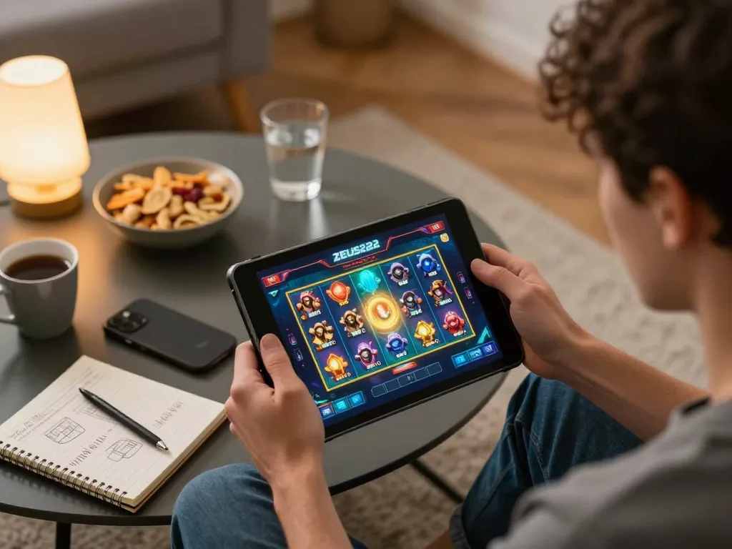 Experience online gaming with ZEUS222 as a player savors a thrilling slot game at home.