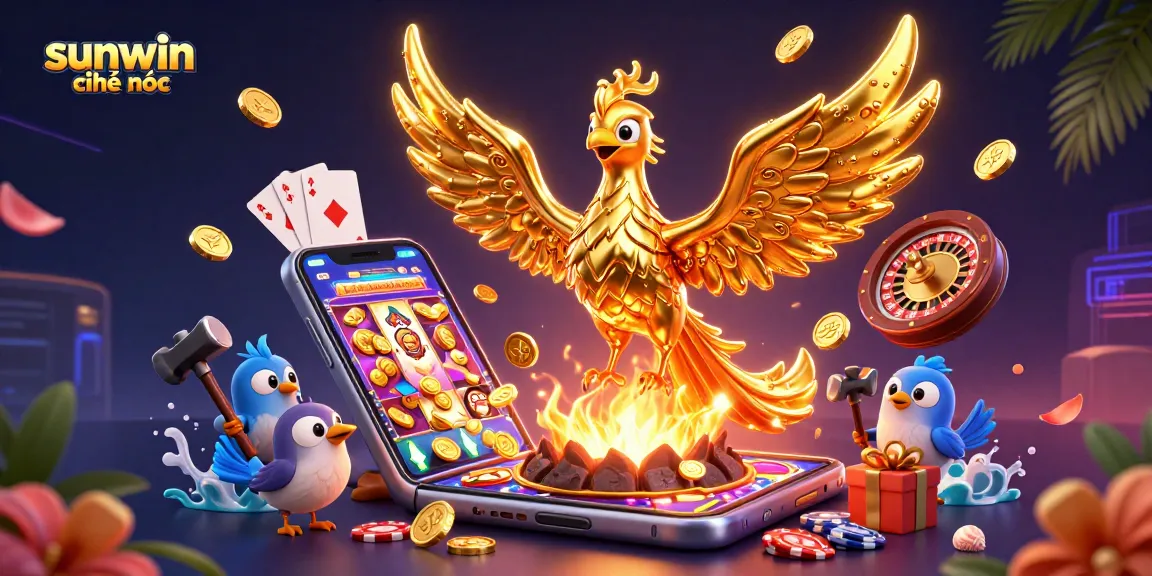 Experience sunwin chính thức with a dynamic 3D casino scene showcasing a molten phoenix, slot games, and vibrant casino elements.