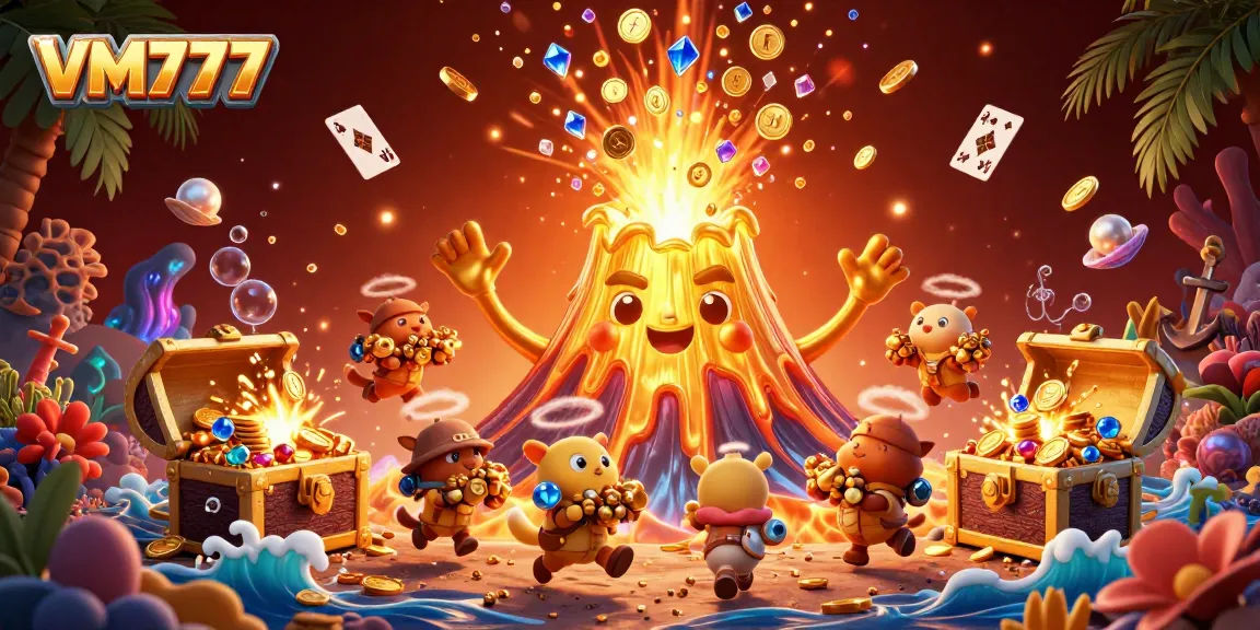 Feel the thrill with VM777, where a golden volcano erupts treasures, igniting excitement in play.