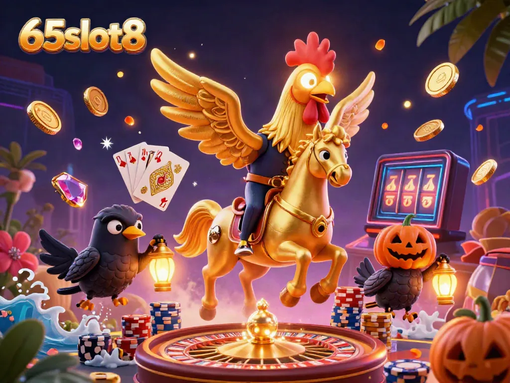 Experience a vibrant casino adventure at 65slot8 with golden roosters and treasure.
