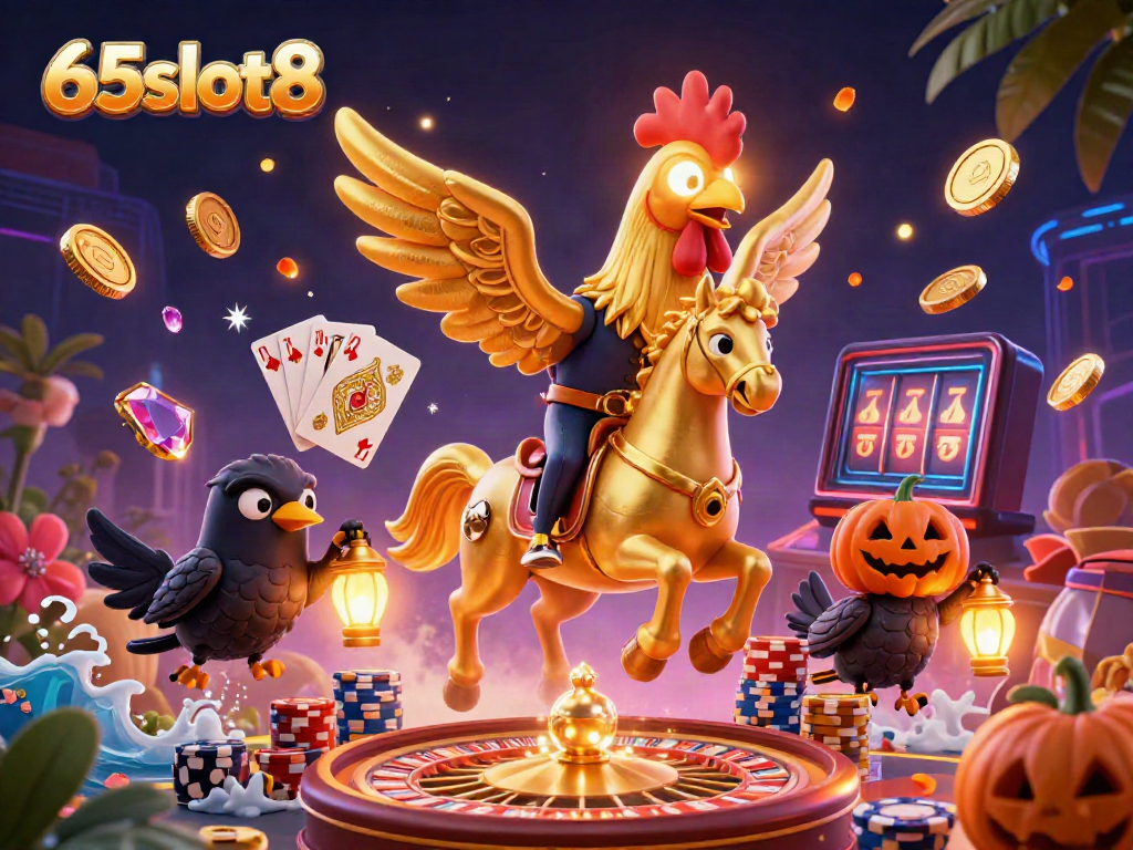 Experience a vibrant casino adventure at 65slot8 with golden roosters and treasure.