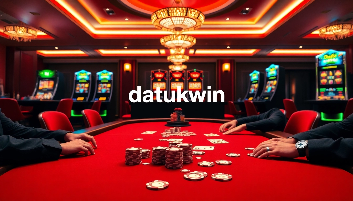 Pemain kasino yang terlibat menikmati permainan dengan chip poker bertema Datukwin dan kartu, memancarkan kegembiraan.