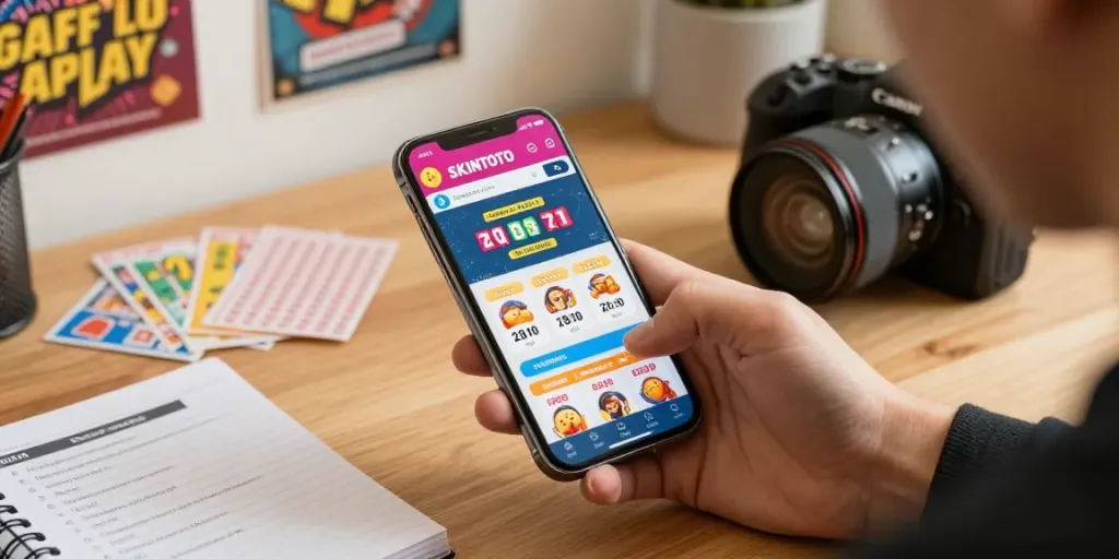 Pengguna SKINTOTO sedang menjelajahi platform togel online dengan ponsel di ruang kerja yang hangat.