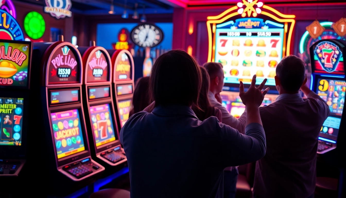 A thrilling scene from https://98winmb.com/ showcasing vibrant slot machines and excited players in a lively casino environment.