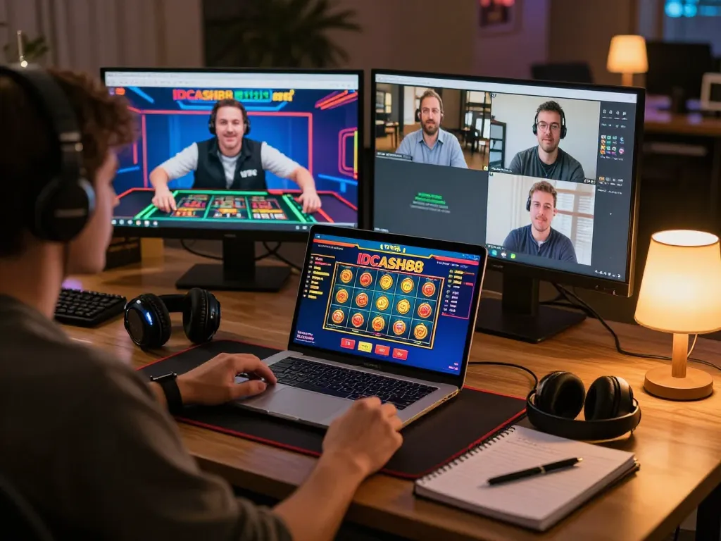 A player enjoys an engaging IDCASH88 online gaming session with multiple screens for strategy and excitement.