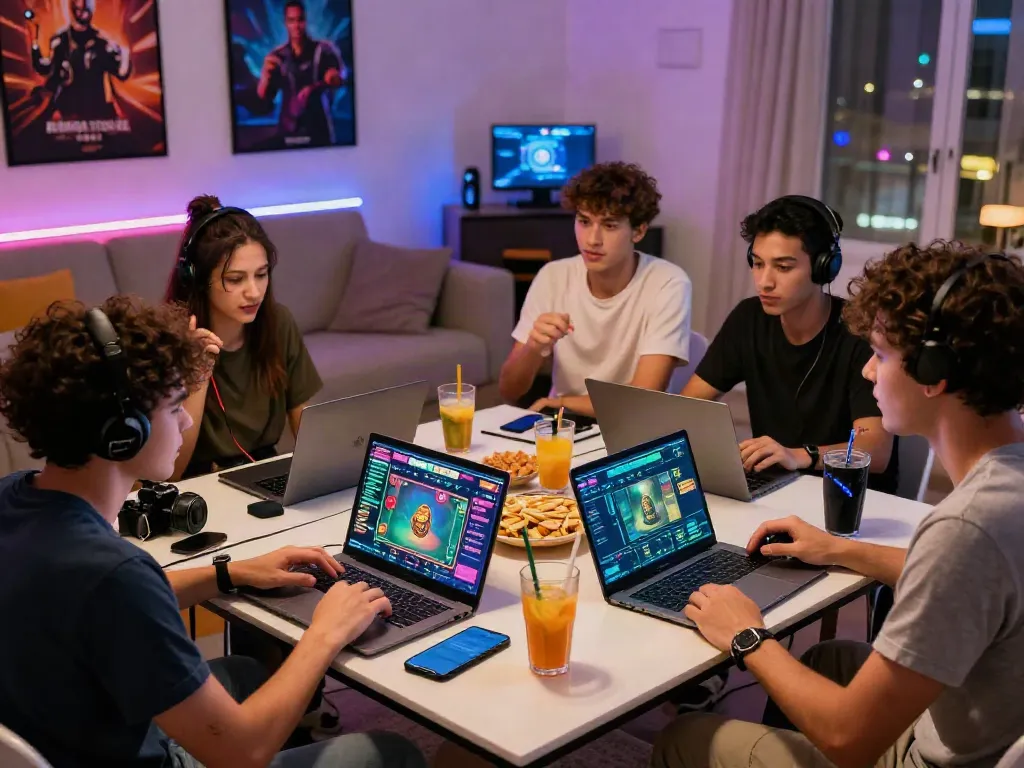 Engaged friends enjoying a Bandar Togel gaming session in a vibrant, cozy atmosphere.