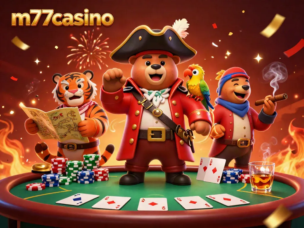 Gambarkan m77casino dengan beruang kapten bajak laut, harimau, dan peta harta karun di kasino.