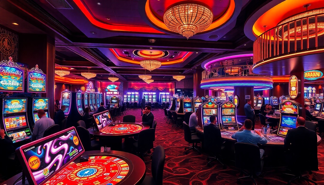 Oja89 bermain di kasino dengan mesin slot yang berwarna-warni dan meja permainan yang ramai.