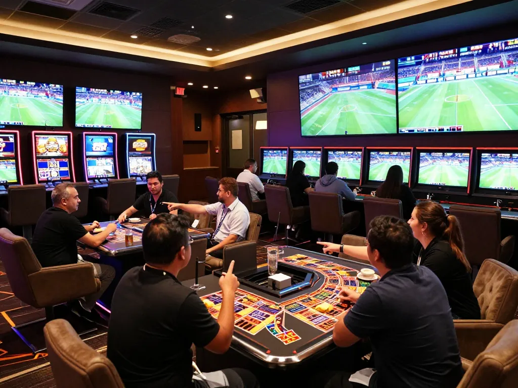 MPOID enhances the sports betting experience with a vibrant lounge atmosphere full of engaged bettors.