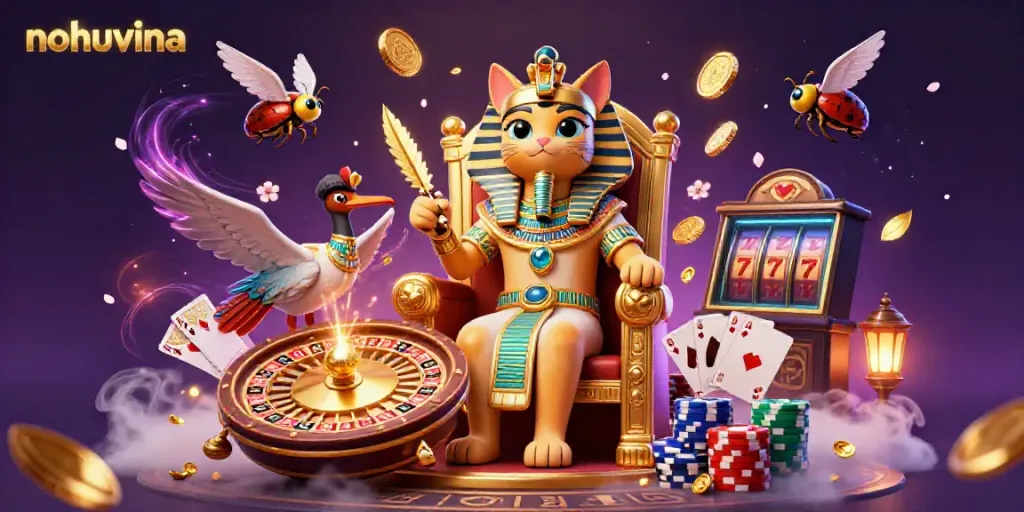 Nohuvina captures the excitement of casino gaming with a pharaoh cat among jewels, cards, and coins.